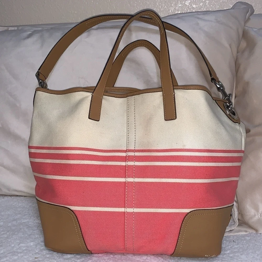 Coach Hadley Variegated coral and beige striped coach tote